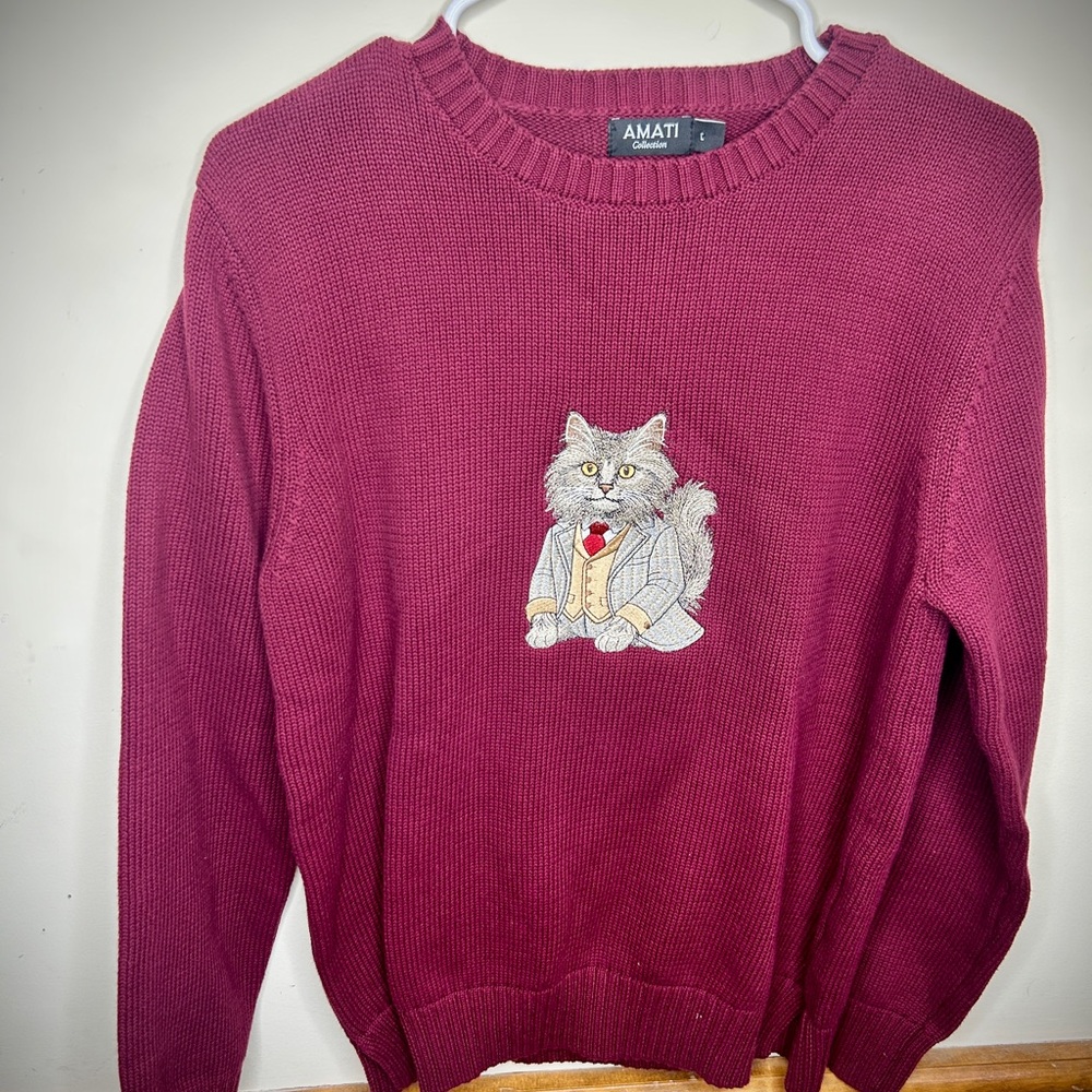 Amati Longhair Cat Embroidered Cotton Knit Sweater - Burgundy Sz L - Picture 6 of 11